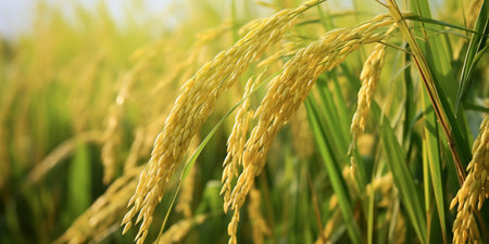 Close up of golden rice in rice field, soft focus background.Rice field,agriculture organic,organic food concept.の素材