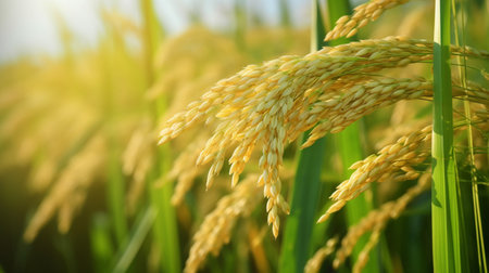 Ears of golden rice in the field,close-up.Rice field,agriculture organic,organic food concept.の素材