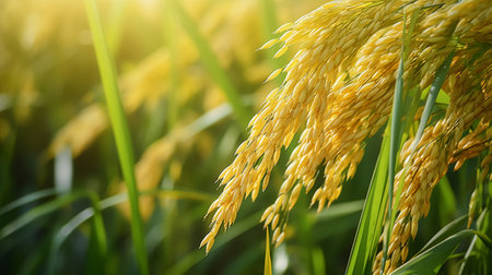 Close up of golden rice in rice field with sunlight.,nature background.Rice field,agriculture organic,organic food concept.の素材