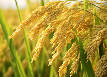 Rice field in the countryside, closeup of rice ears.Rice field,agriculture organic,organic food concept.の素材