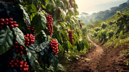 Coffee beans ripening on a tree in a coffee plantation.Organic coffee farm concept.の素材