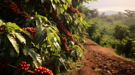 Coffee beans ripening on a tree in a coffee plantation.Organic coffee farm concept.の素材