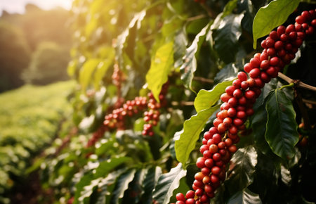 Coffee beans ripening on tree in coffee farm,nature background.Organic coffee farm concept.の素材