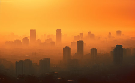 Thick PM2.5 fog covers skyscrapers and buildings.Dirty environment. Dust fog pollution,air pollution,PM 2.5 pollution concept.の素材