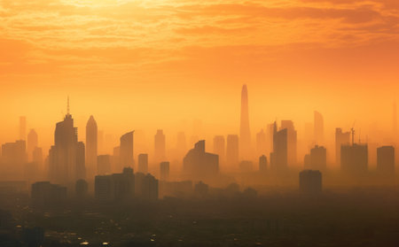Silhouette of a foggy city from smog and dust from air pollution.Urban toxic dust.Dust fog pollution,air pollution,PM 2.5 pollution concepの素材