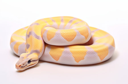 Yellow Burmese python isolated on white background. Python reticulatus,ball python albino snake reptile isolated on white background.の素材