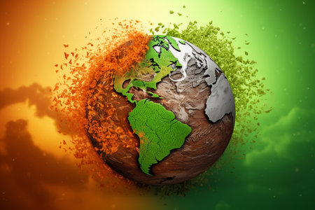 Earth planet with green continents against orange and green sky.Concept of climate change, environment greenhouse conditions , global warming, air pollution problems.の素材