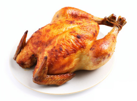 Roast chicken on a white plate isolated on a white background.の素材