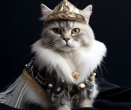 Portrait of a beautiful cat wearing a golden crown and elegant dresses on a black background.の素材