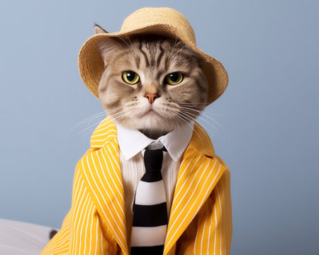 Portrait of a cat wearing a yellow shirt, tie and hat on blue background.の素材