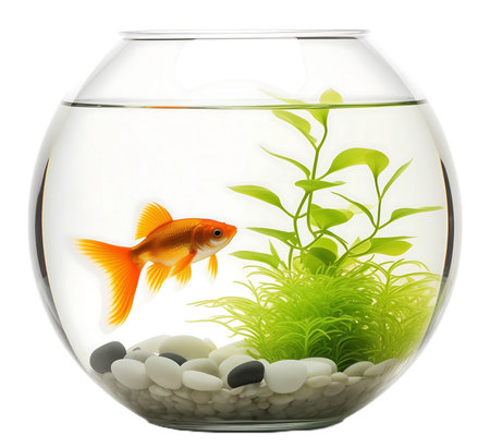 Goldfish in a glass aquarium with green plants isolated on white background.の素材