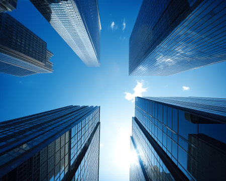 Bottom view of modern skyscrapers in business district against blue sky.の素材