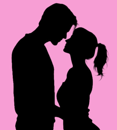 Silhouette of a loving couple, isolated on a pink background.Wedding concept.の素材