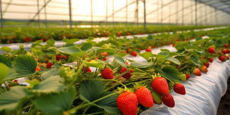 Strawberry growing in a greenhouse,closeup of fresh strawberries.Organic farming concept.の素材