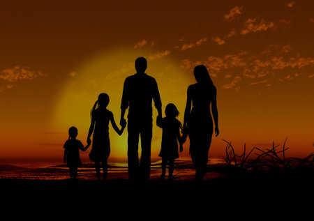 Silhouette of family in front of a sunset.International Day of Families Concept.の素材