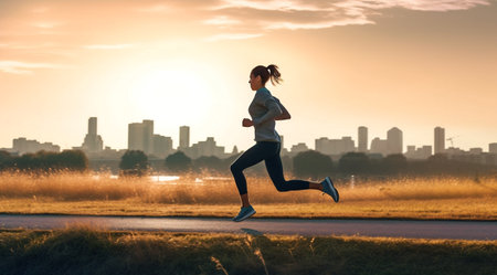 Young woman running in the city park.Exercise for good health concept.の素材