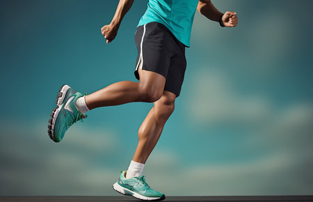 Close up of male athletes legs running on blue sky background.Exercise for good health concept.の素材