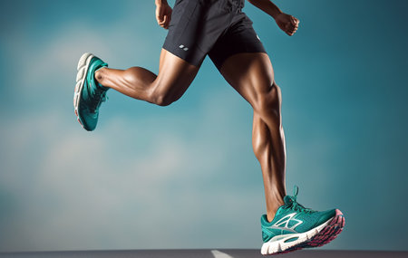 Close up of male athletes legs jogging on blue sky background.Exercise for good health concept.の素材