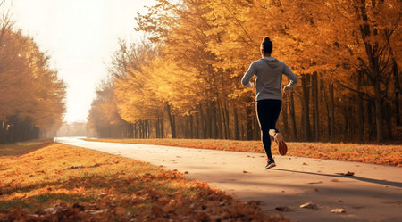 Runner athlete running in beautiful autumn park. woman fitness jogging workout wellness concept.の素材