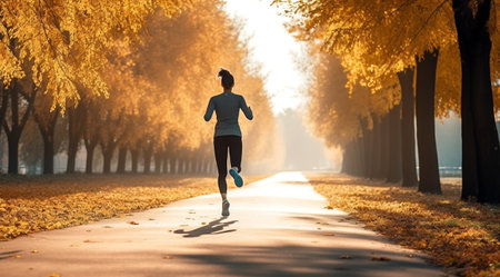 Runner athlete running in beautiful autumn park. Fitness woman jogging outdoors.Exercise for health benefits concept.の素材