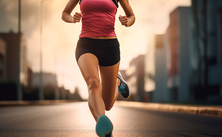 Runner athlete running on city road.Woman jogging for good health.の素材