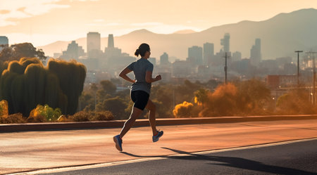 Runner athlete running on city road. woman fitness jogging workout wellness concept.の素材
