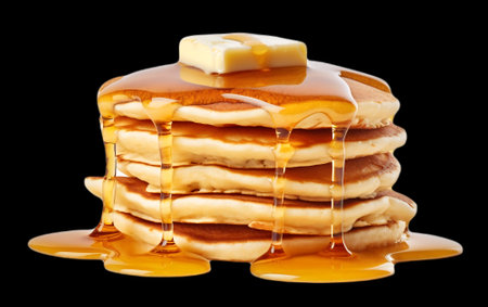 Stack of pancakes with honey and butter isolated on black background,closeup.の素材
