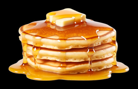 Stack of pancakes with honey and butter isolated on black background,closeup.の素材