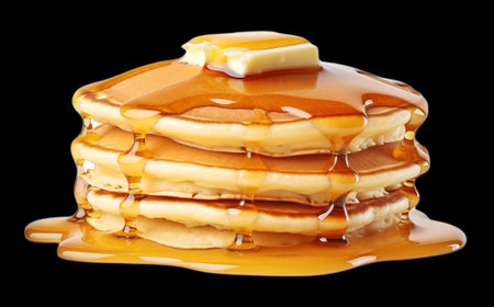 Stack of pancakes with maple syrup and butter  isolated on black background,closeup.の素材