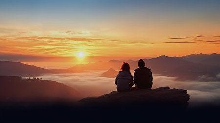 Silhouette of couple sitting on the top of mountain and watching the sunrise.Good morning greeting message concept.の素材