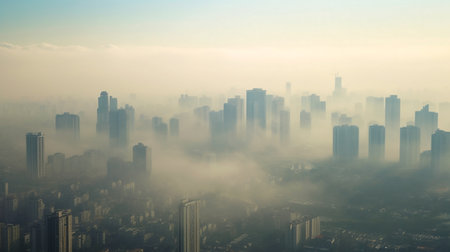 Aerial view of a city,haze and pollution in a large city,mist covers a city skyline.Haze and fog are harmful to the respiratory system,concept.の素材