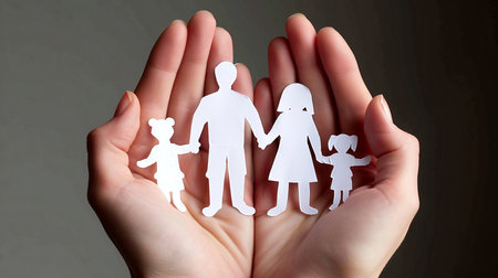 Hands holding family paper cutout as symbol of protection and care.International Day of Families Concept.
Happy family concept.Charity concept.の素材