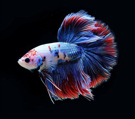 Capture the moving moment of red-blue siamese fighting fish,betta fish,betta splendens isolated on black background.の素材
