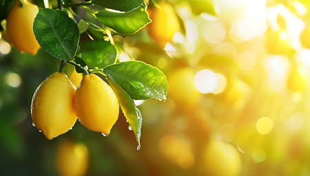 Lemon tree with ripe fresh yellow lemons and dew drops on blurred citrus fruit farm agriculture background,closeup, design copy space for text.NON GMO and Organic Products concept.の素材