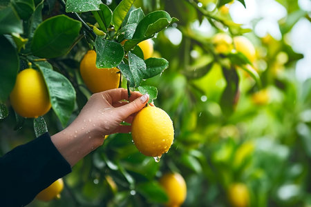 Female hand picking ripe yellow lemons from a lemon tree in lemon garden.NON GMO and Organic Products concept.の素材