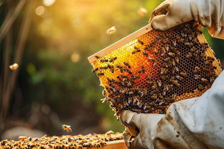 Beekeeper holding a wooden frame with honeycomb full of bees in the apiary.Beekeeper is holding up a beehive with honeycombs or wooden frame of beehive in a field of flowers.の素材