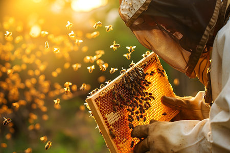 Beekeeper holding wooden frame with honeycomb full of bees in apiary.Beekeeper is holding up a beehive with honeycombs or wooden frame of beehive in a field of flowers.の素材