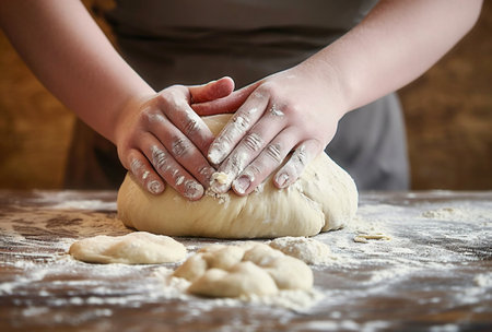 Woman hands stretches dough on wooden table,kneading dough in the kitchen or bakery.Food Industrial,Food Manufacturing Concept.Food Recipes Concept.の素材