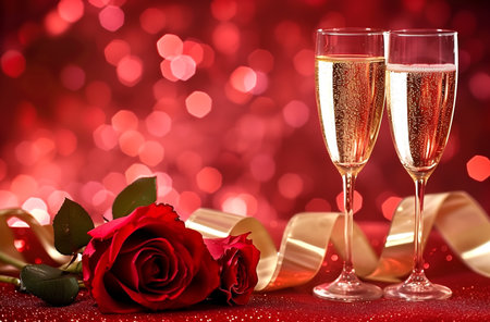 Valentine's day greeting card,two glasses of champagne and red rose on bokeh lights background with copy space for your text or product display.の素材