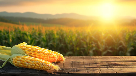 Corn on wooden table in the agriculture corn field with sunset and mountains behind it,nature background,design for copy space for text or product display and mock-up.の素材
