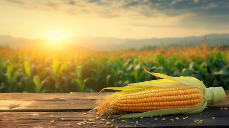 Foto de Corn on wooden table in the agriculture corn field with sunset and mountains behind it,nature background,design for copy space for text or product display and mock-up. - Imagen libre de derechos