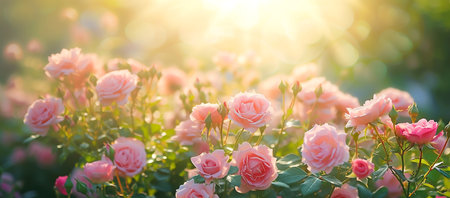 Colorful spring garden blooming with vibrant pink roses in full blossom and bokeh background with copy space for your text.World Rose Day Concept.の素材