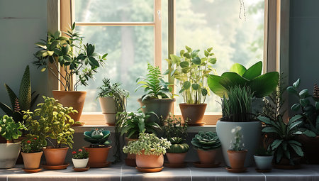 Many different houseplants in pots on wooden shelf near windowsill at home,bringing a touch of nature to the interior through a beautifully designed window.の素材