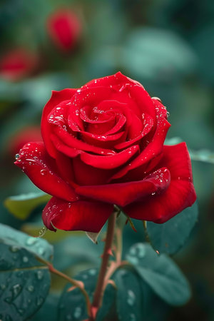 Vibrant red rose adorned with glistening water droplets, beauty of nature, love, and romance in a blooming garden,close-up.の素材