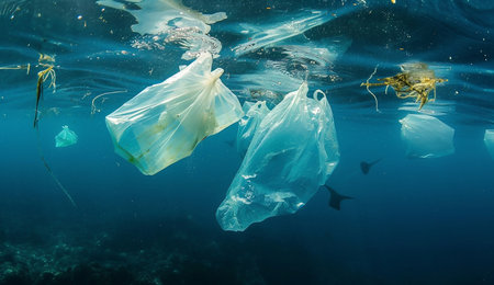 Plastic bags in the ocean.Plastic Disaster,Micro Plastic Pollution,Water Pollution Concept.の素材