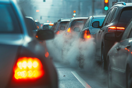 City streets buzz with cars under the glow of traffic lights,amidst urban rush.Traffic jam in the city.Car pollution concept.Climate Change and Global Warming Concept.の素材