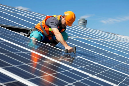 Technician worker installing photovoltaic panels on the roof. Clean Energy,Renewable Energy Concept.の素材