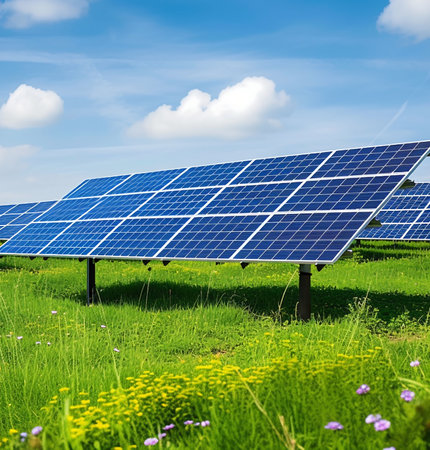 Solar energy panels in green meadow under blue sky with clouds. Clean Energy,Renewable Energy Concept.の素材