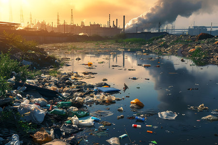 Industrial wastewater full of garbage and toxic fume coming out of a factory smoke. Air Pollution,Industrial Waste,Industrial Pollution, Environmental Pollution Concept.の素材