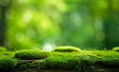 Stones with green moss with green forest bokeh background.Spa,beauty,release anxiety,feel peaceful,wellness concept.の素材